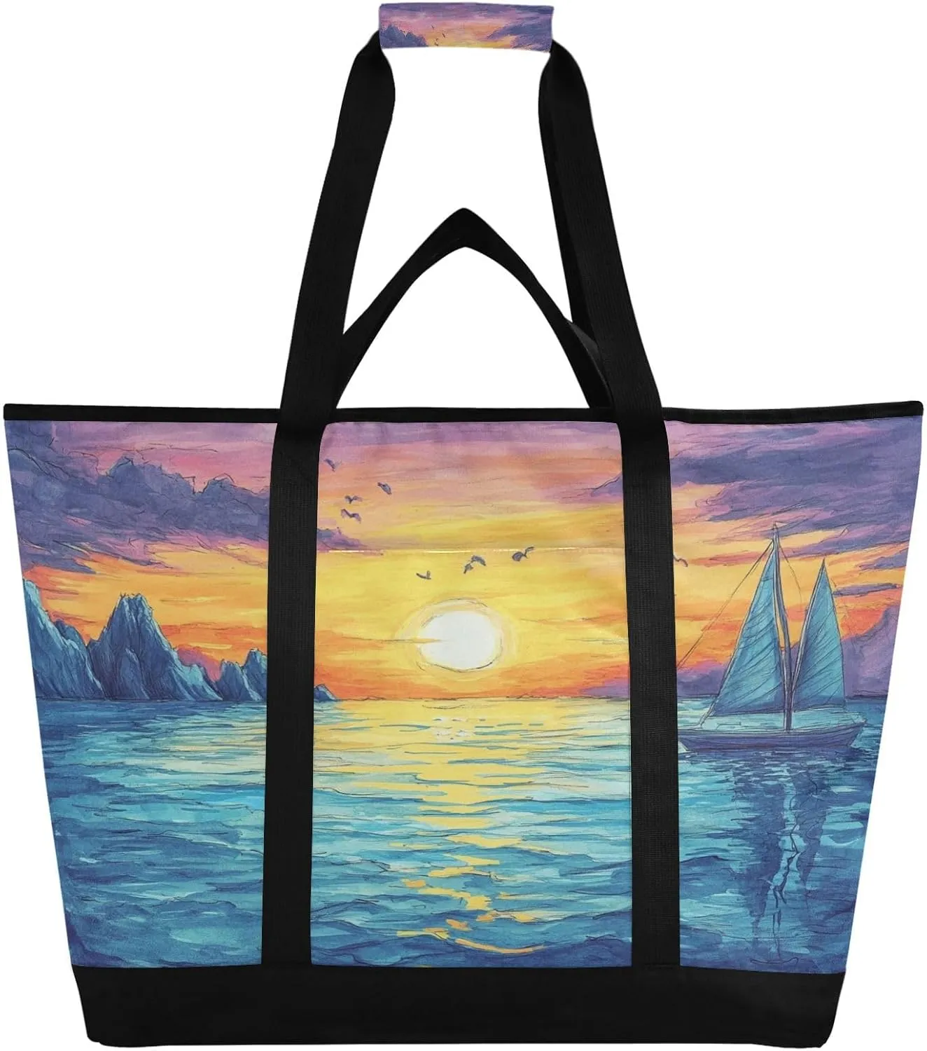 Sea Sunset Reusable Insulated Lunchbox Cooler Bag, Leakproof Kitchen Grocery Bag Collapsible Portable Cooler Tote Bag for Picnic, Camping, Office, Travel
