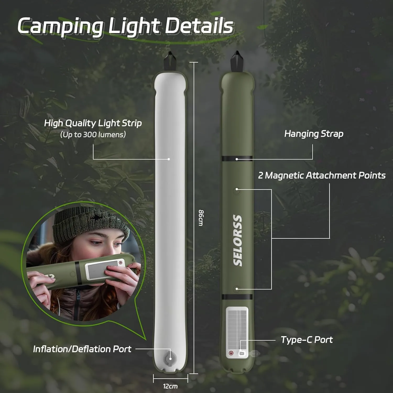 SELORSS Portable Inflatable Outdoor Camping Light, IP66 Waterproof Standard, Three Warm Light Modes and Strobe Signal Light for Camping, Hiking, Traveling, etc. (Green)