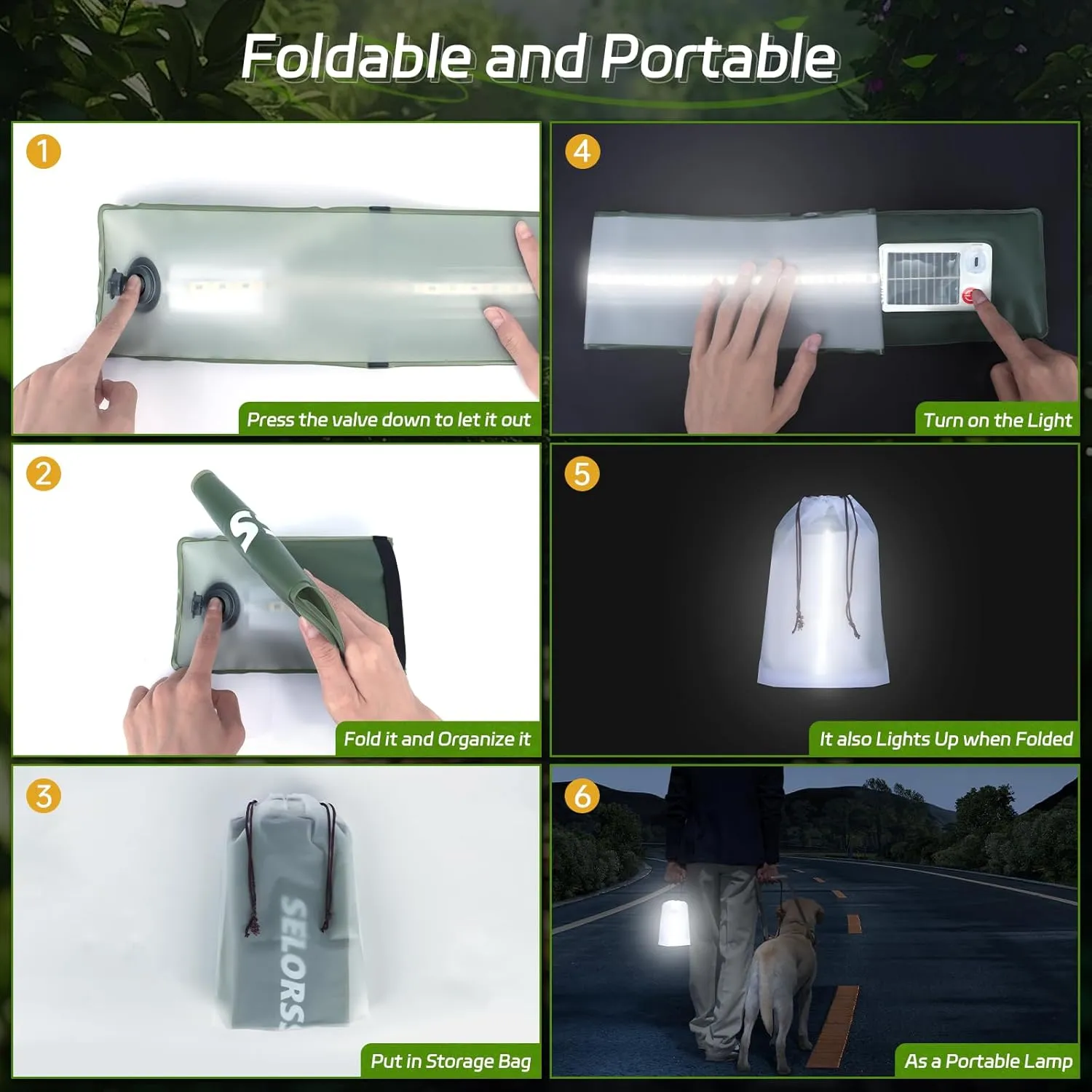 SELORSS Portable Inflatable Outdoor Camping Light, IP66 Waterproof Standard, Three Warm Light Modes and Strobe Signal Light for Camping, Hiking, Traveling, etc. (Green)