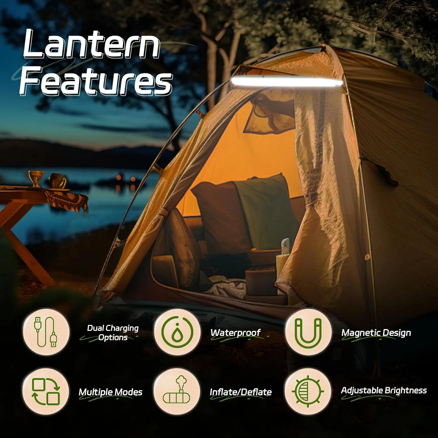 SELORSS Portable Inflatable Outdoor Camping Light, IP66 Waterproof Standard, Three Warm Light Modes and Strobe Signal Light for Camping, Hiking, Traveling, etc. (Green)