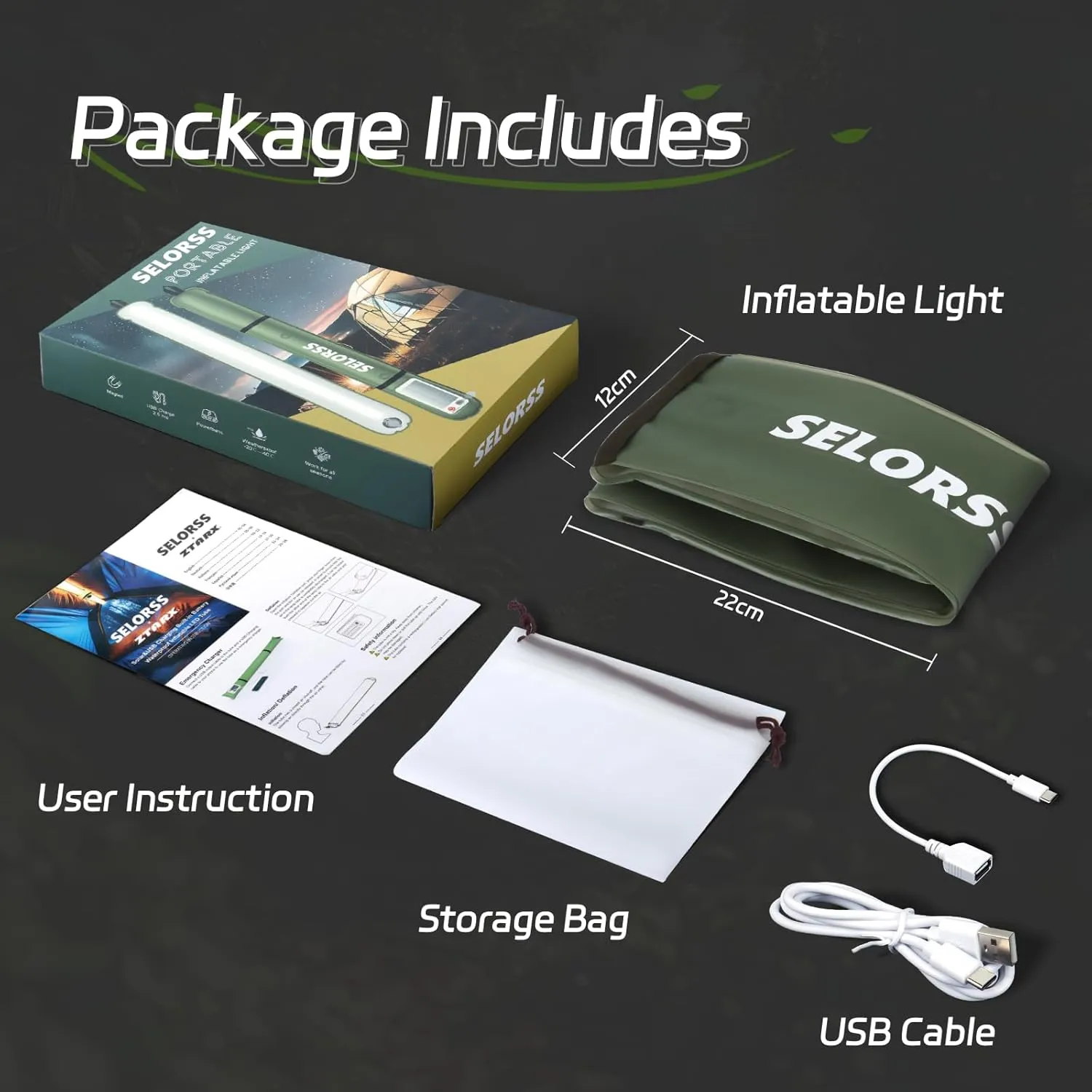 SELORSS Portable Inflatable Outdoor Camping Light, IP66 Waterproof Standard, Three Warm Light Modes and Strobe Signal Light for Camping, Hiking, Traveling, etc. (Green)