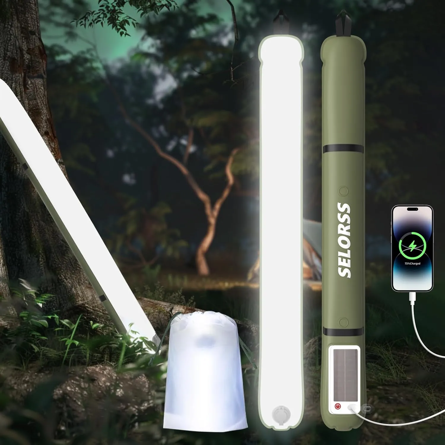 SELORSS Portable Inflatable Outdoor Camping Light, IP66 Waterproof Standard, Three Warm Light Modes and Strobe Signal Light for Camping, Hiking, Traveling, etc. (Green)