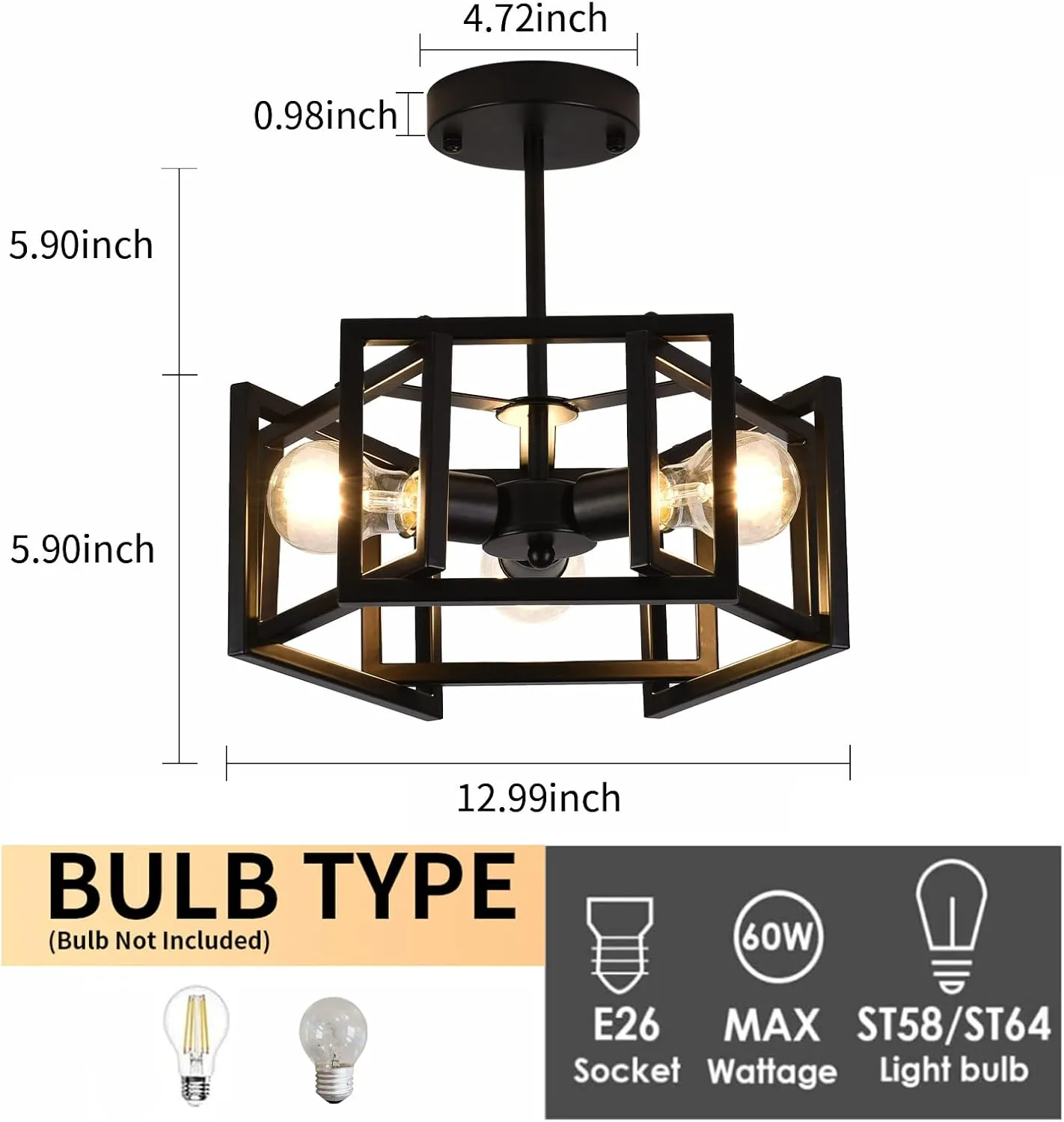 Semi Flush Mount Ceiling Light Fixture,3-Light Black Light fixtures Kitchen Ceiling Light Fixture for Hallway Kitchen Bedroom Living Room Bathroom Entrance