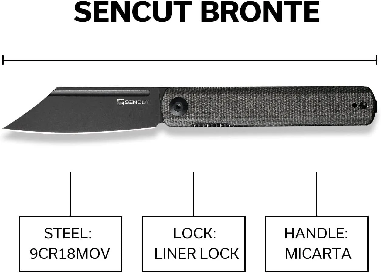 SENCUT Bronte Folding Pocket Knife with Front Flipper Opener, 3.38 Inch Blade Green Micarta Handle with Black Stonewashed 9Cr18MoV Blade SA08F