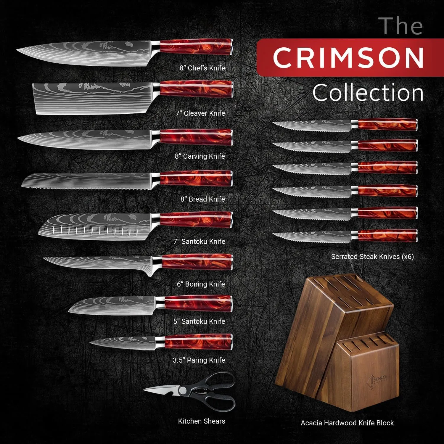 SENKEN 16-Piece Natural Acacia Wood Kitchen Knife Block Set - Japanese Chef's Knife Set with Laser Damascus Pattern, Includes Steak Knives, Kitchen Shears, Santoku, Cleaver & More (Red Resin Handles)