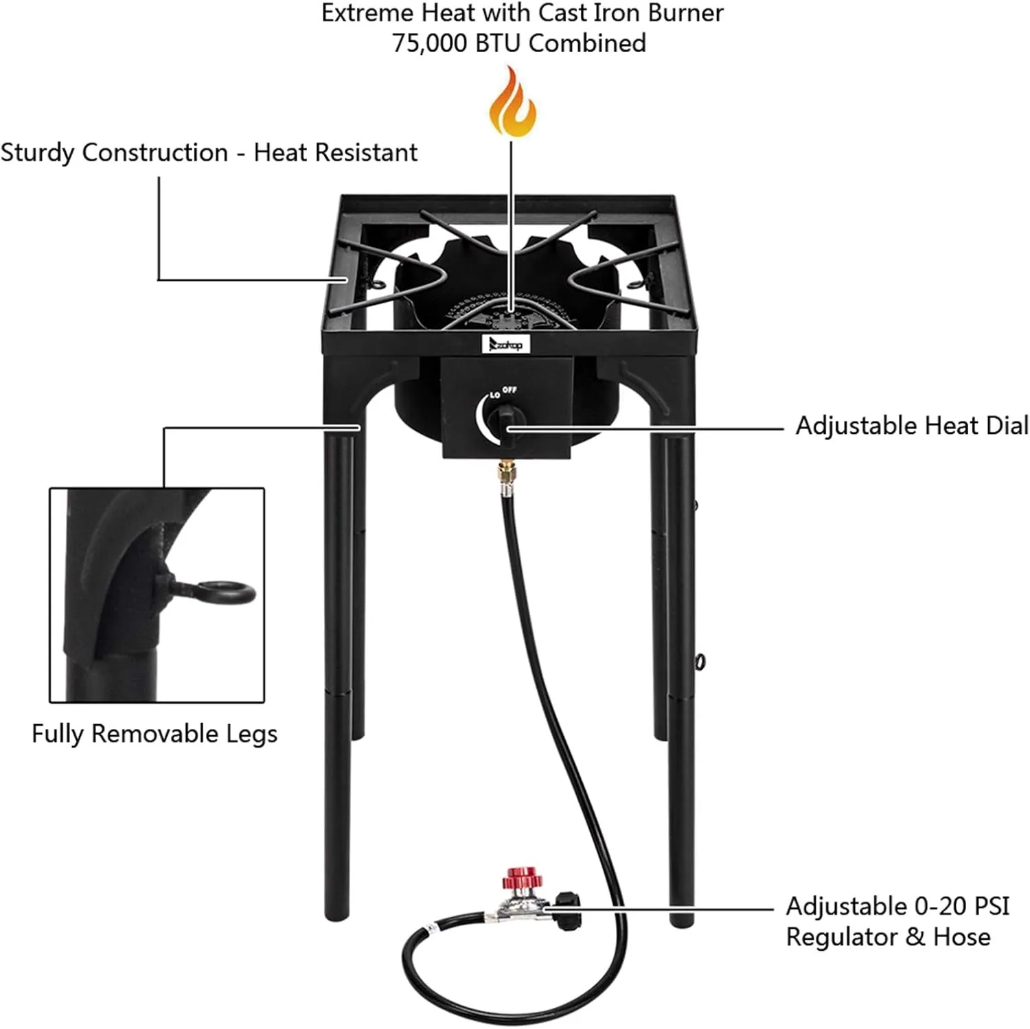 Single Burner Camp Stove Propane Burners for Outdoor Cooking - Single Burner Propane Stove 1 Burner Gas Burners for Cooking Outdoor, High Pressure Burner with Detachable Leg, 75000 BTU