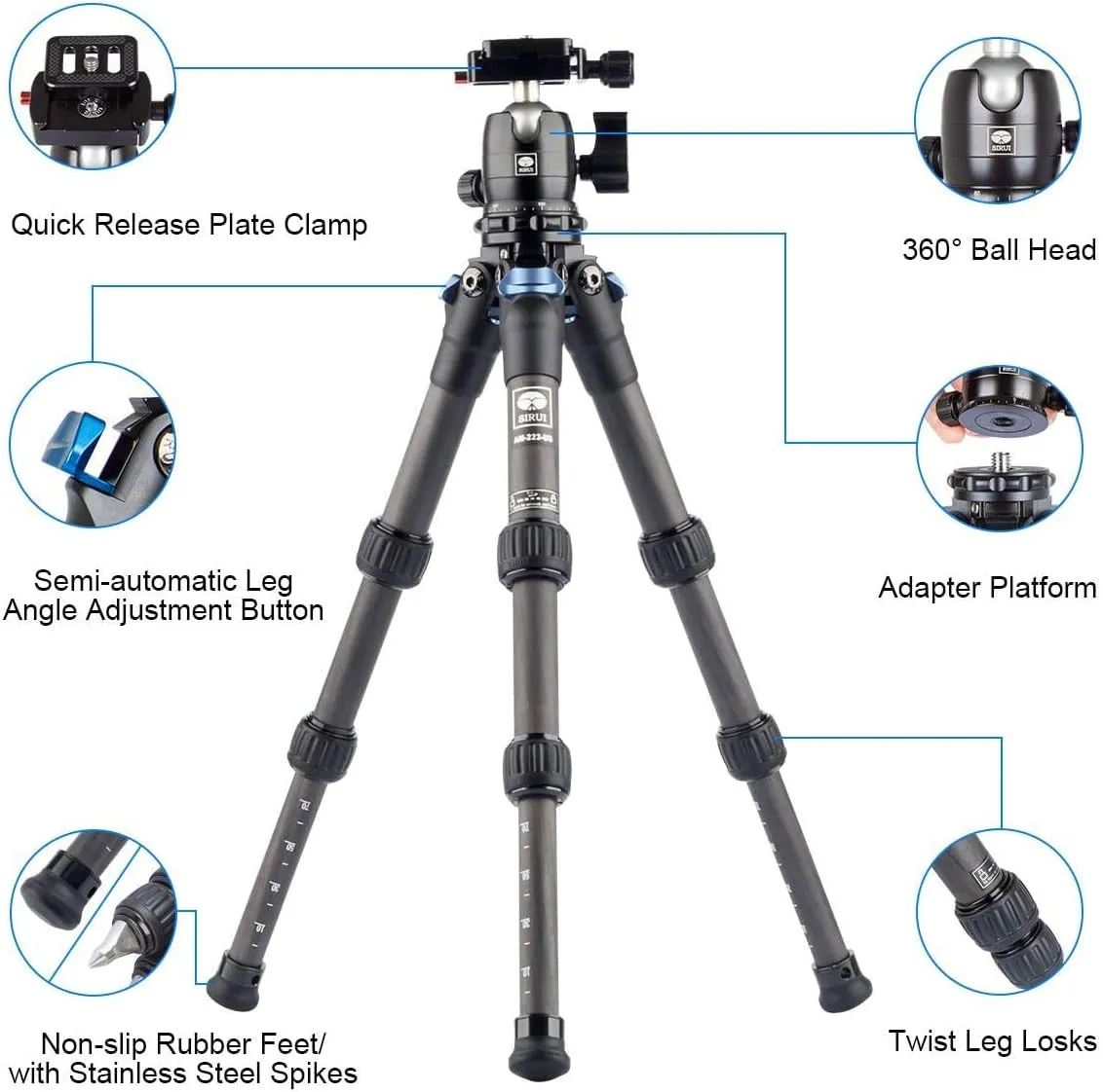 SIRUI AM-223 Carbon Fiber Camera Tripod Mini Travel Compact Tripod with 360° B-00K Ball Head, Arca Swiss Quick Release Plate, Loads up 15KG, Max Height 16", Folded Height 12.1",Black