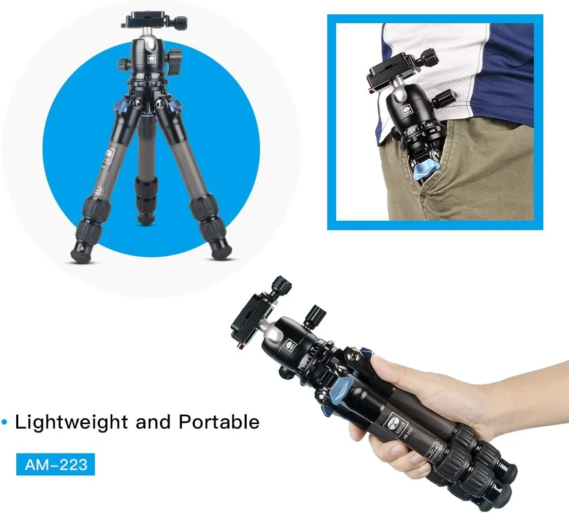SIRUI AM-223 Carbon Fiber Camera Tripod Mini Travel Compact Tripod with 360° B-00K Ball Head, Arca Swiss Quick Release Plate, Loads up 15KG, Max Height 16", Folded Height 12.1",Black