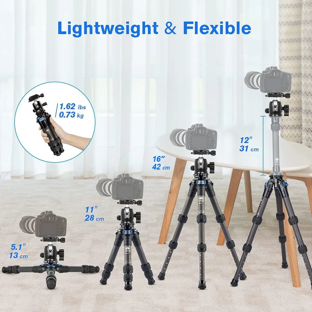 SIRUI AM-223 Carbon Fiber Camera Tripod Mini Travel Compact Tripod with 360° B-00K Ball Head, Arca Swiss Quick Release Plate, Loads up 15KG, Max Height 16", Folded Height 12.1",Black