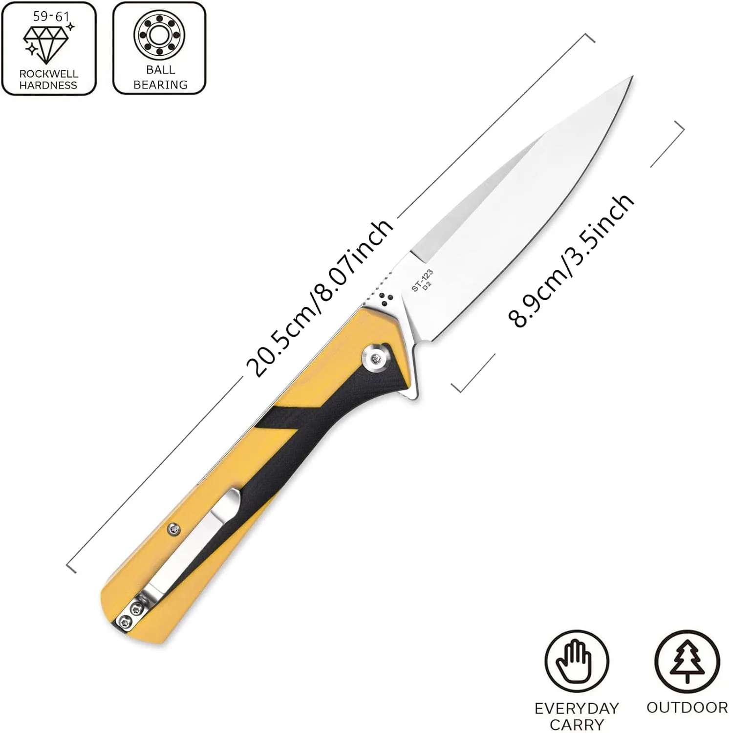 Sitivien ST123 Folding Knife, D2 Blade and G10 Handle EDC Tool Knife with Pocket Clip for Outdoor Camping EDC(Yellow)