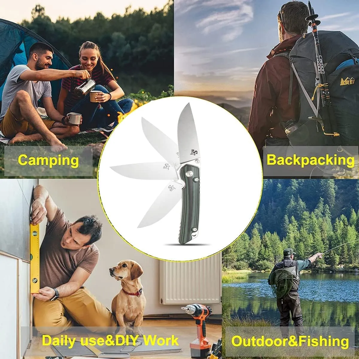 Sitivien ST128 Folding Knife,D2 Blade G10 Handle Safety Liner Lock EDC Tool Knife for Outdoor Hiking Camping-Green