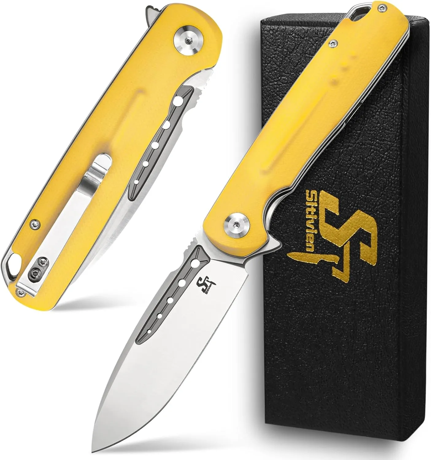 Sitivien ST131 Folding Knife,D2 Blade G10 Handle EDC Tool Knife with Liner Lock for Outdoor Camping Hiking Fishing(Yellow)
