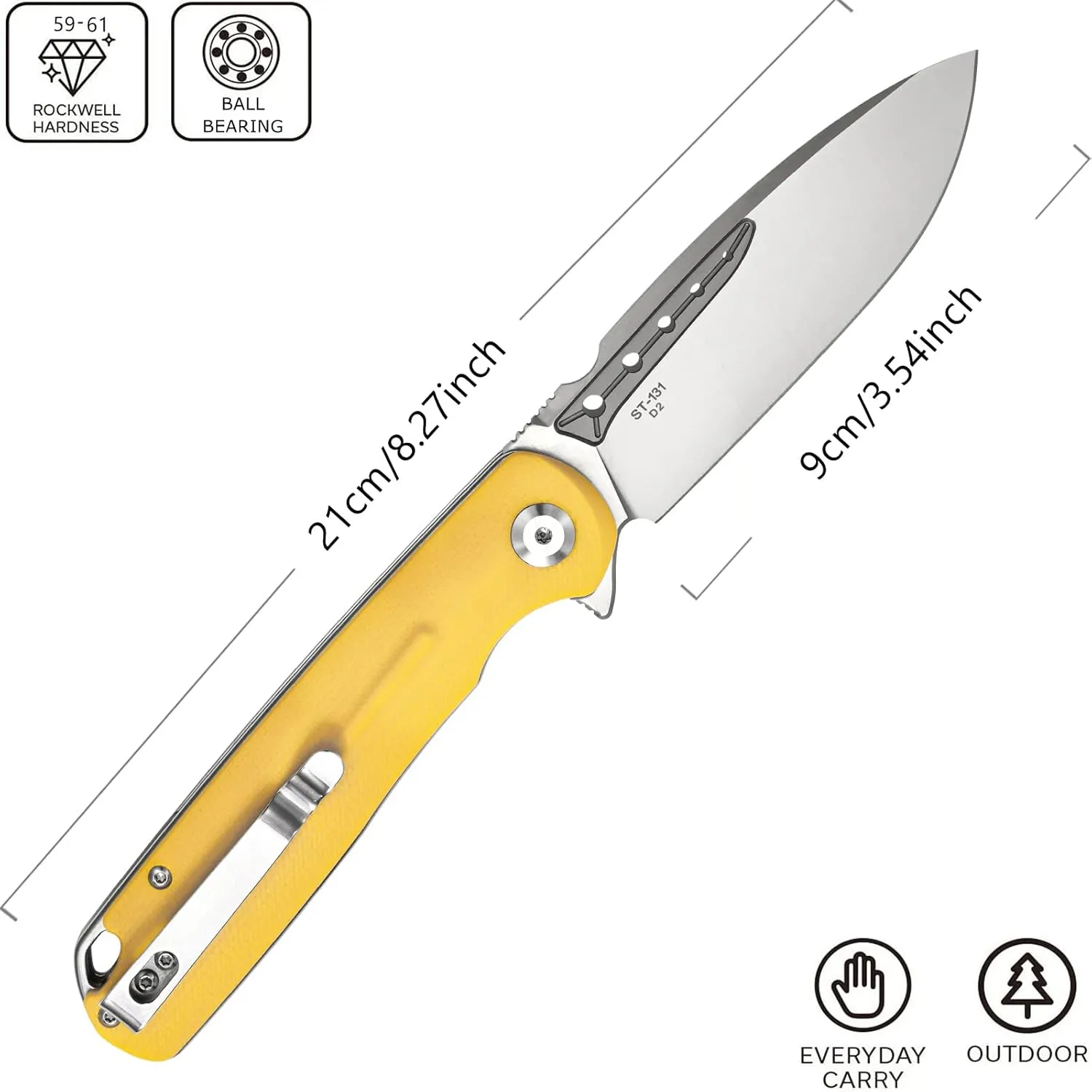 Sitivien ST131 Folding Knife,D2 Blade G10 Handle EDC Tool Knife with Liner Lock for Outdoor Camping Hiking Fishing(Yellow)