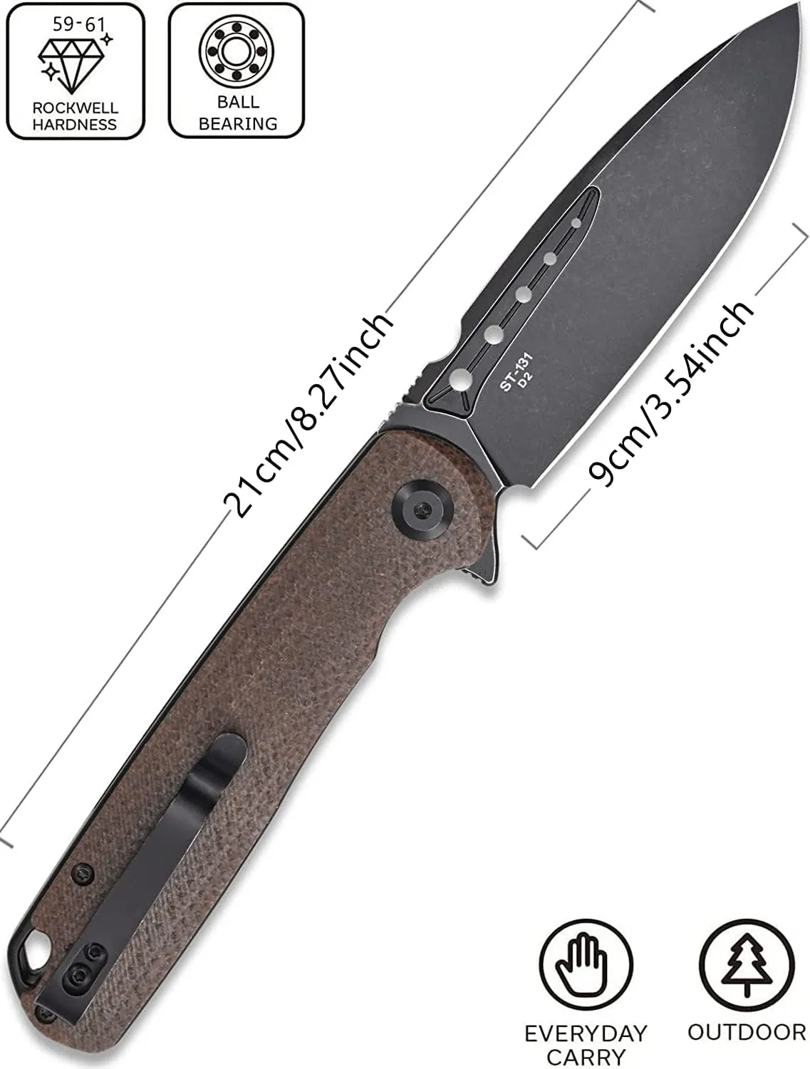 Sitivien ST131 Folding Knife,D2 Blade Micarta Handle EDC Tool Knife with Liner Lock for Outdoor Camping Hiking Fishing(Brown)