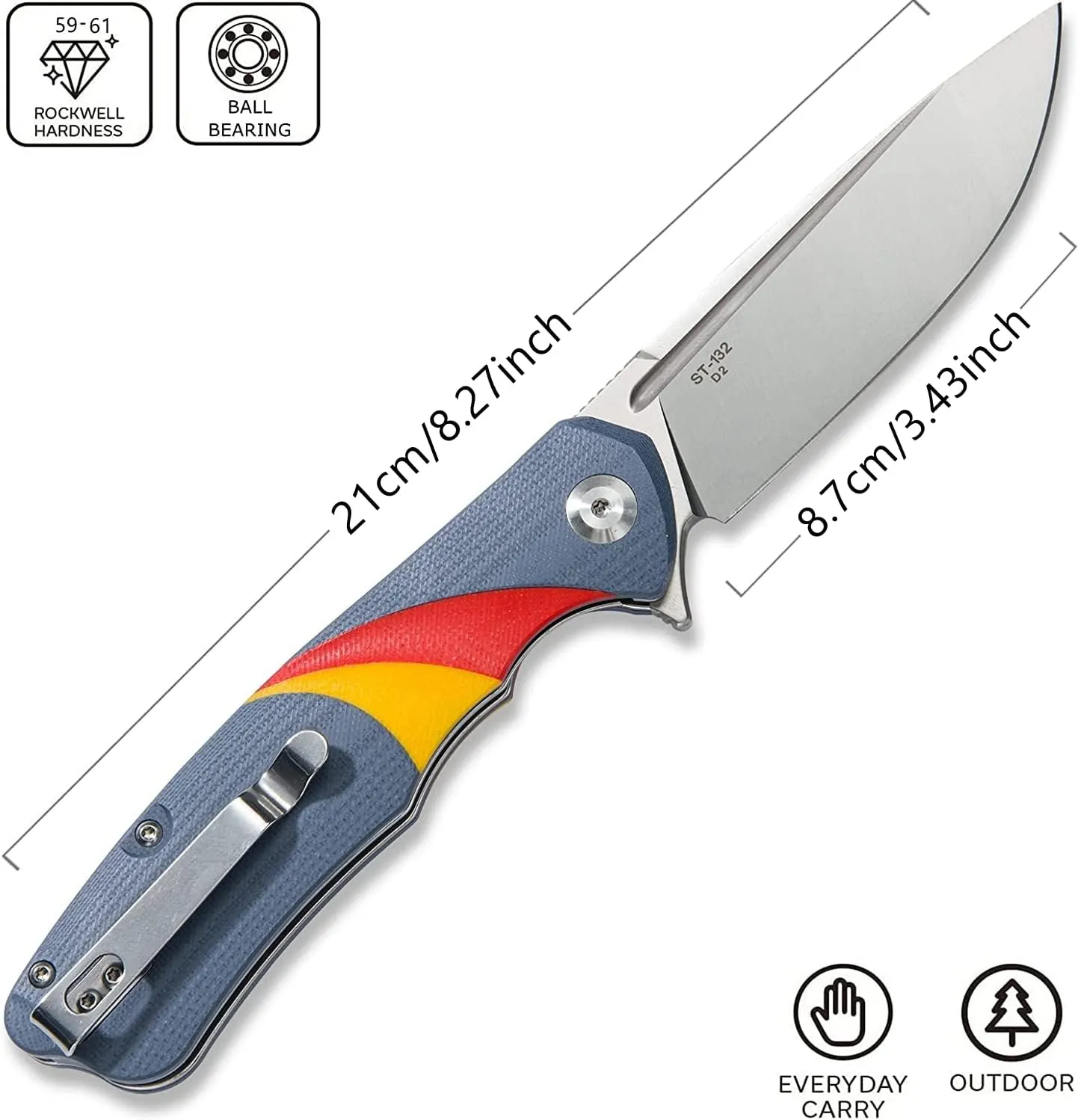 Sitivien ST132 Folding Knife,D2 Steel,G10 Handle EDC Knife with Liner Lock for Outdoor Hiking Camping(Blue)