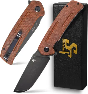 Sitivien ST133 Folding Knife,D2 Blade,Micarta Handle EDC Tool Knife for Outdoor Camping Hiking(Brown)
