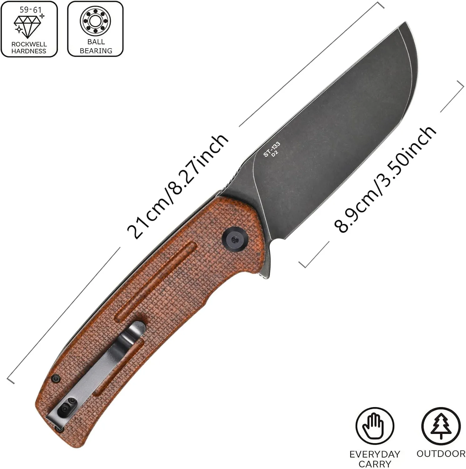 Sitivien ST133 Folding Knife,D2 Blade,Micarta Handle EDC Tool Knife for Outdoor Camping Hiking(Brown)