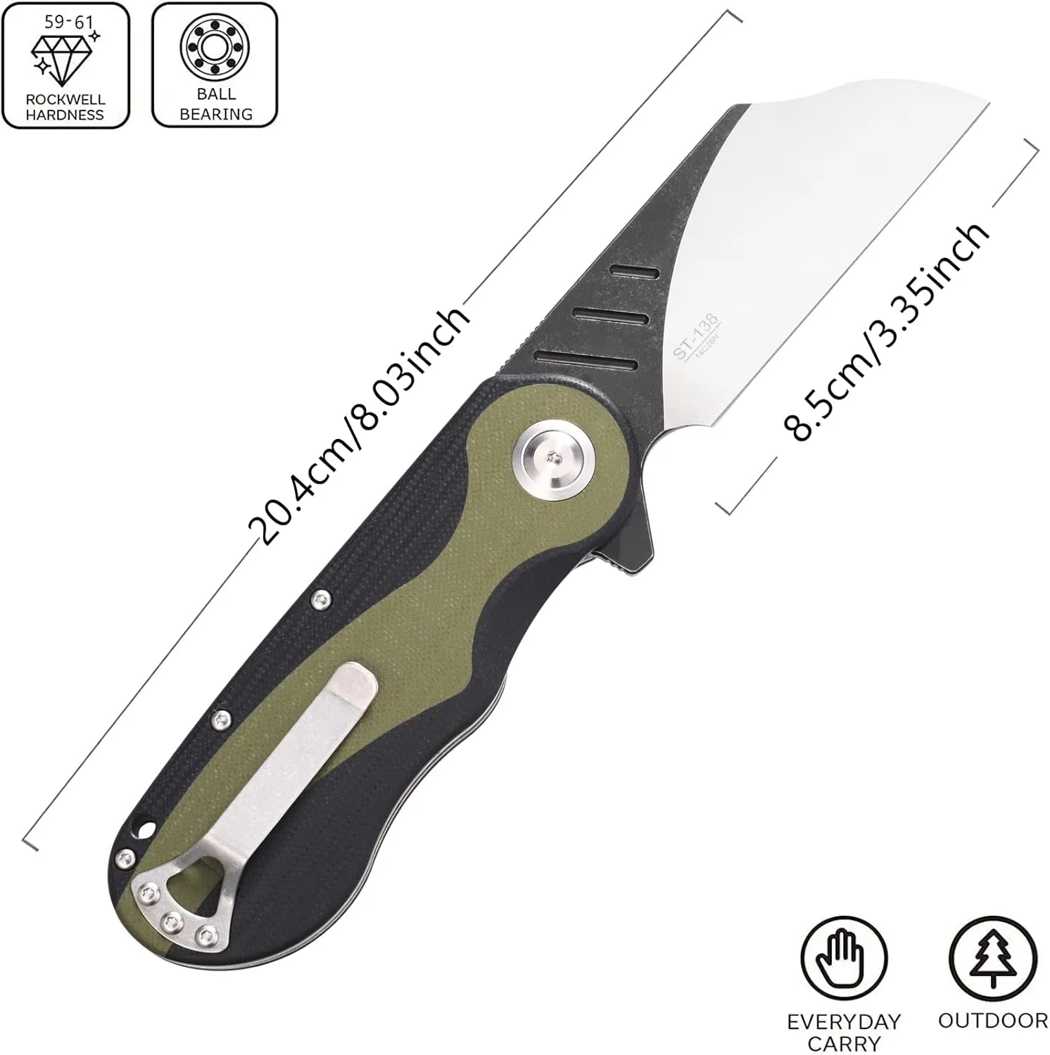 Sitivien ST138 Folding Knife,Sandvik 14C28N Stainless Steel,G10 Handle EDC Knife for Outdoor Camping,Hiking,Fishing(Black Green)