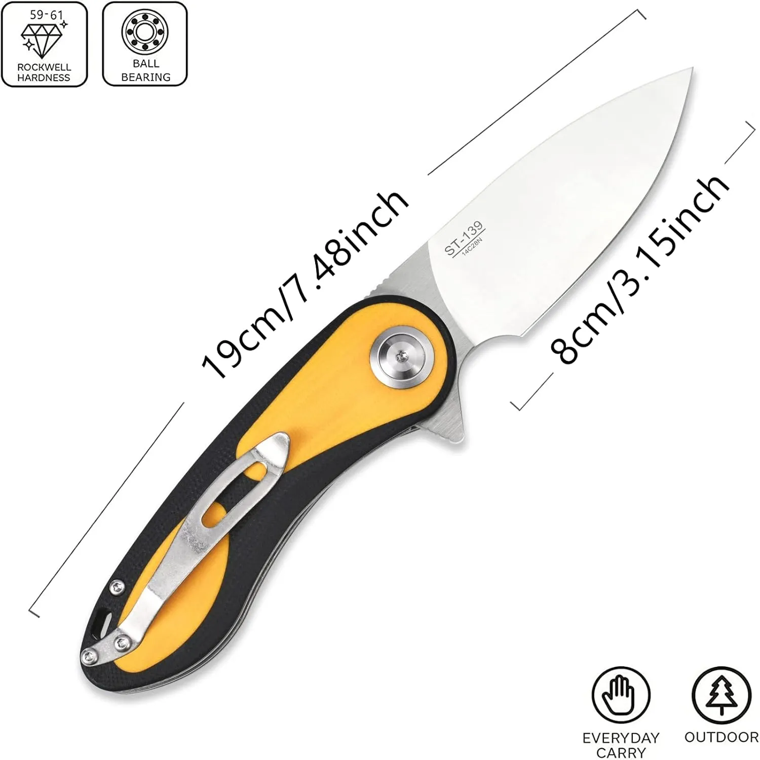 Sitivien ST139 Folding Knife Pocket Knife, Sandvik 14C28N Blade G10 Handle EDC Tool Knifes for Outdoor Camping,Hiking,Hunting,Survival(Black Yellow)