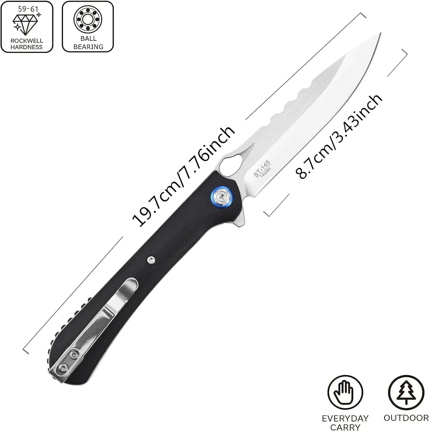 Sitivien ST145 Folding Pocket Knife,14C28N Steel Blade,G10 Handle EDC Tool Knife for Outdoor Survival,Camping,Hiking,Hunting(Black) …