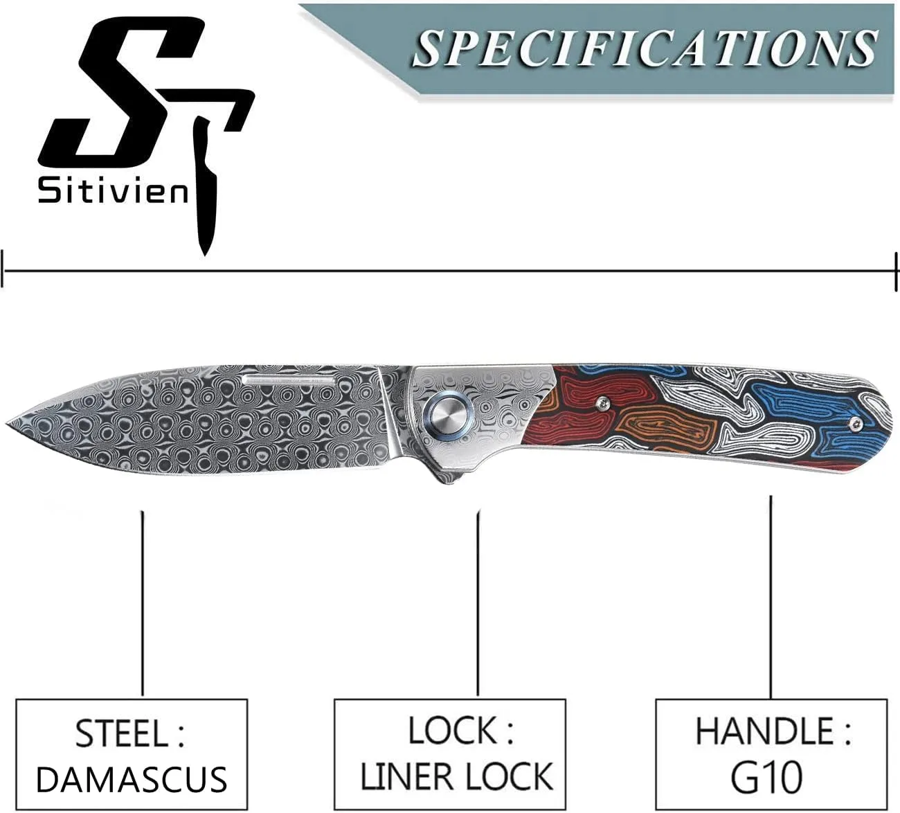 Sitivien ST256 Damascus Steel Folding Knife,Damascus Blade with Colorful G10 Handle EDC Knife for Outdoor Camping,Hiking, Fishing(Color) … …