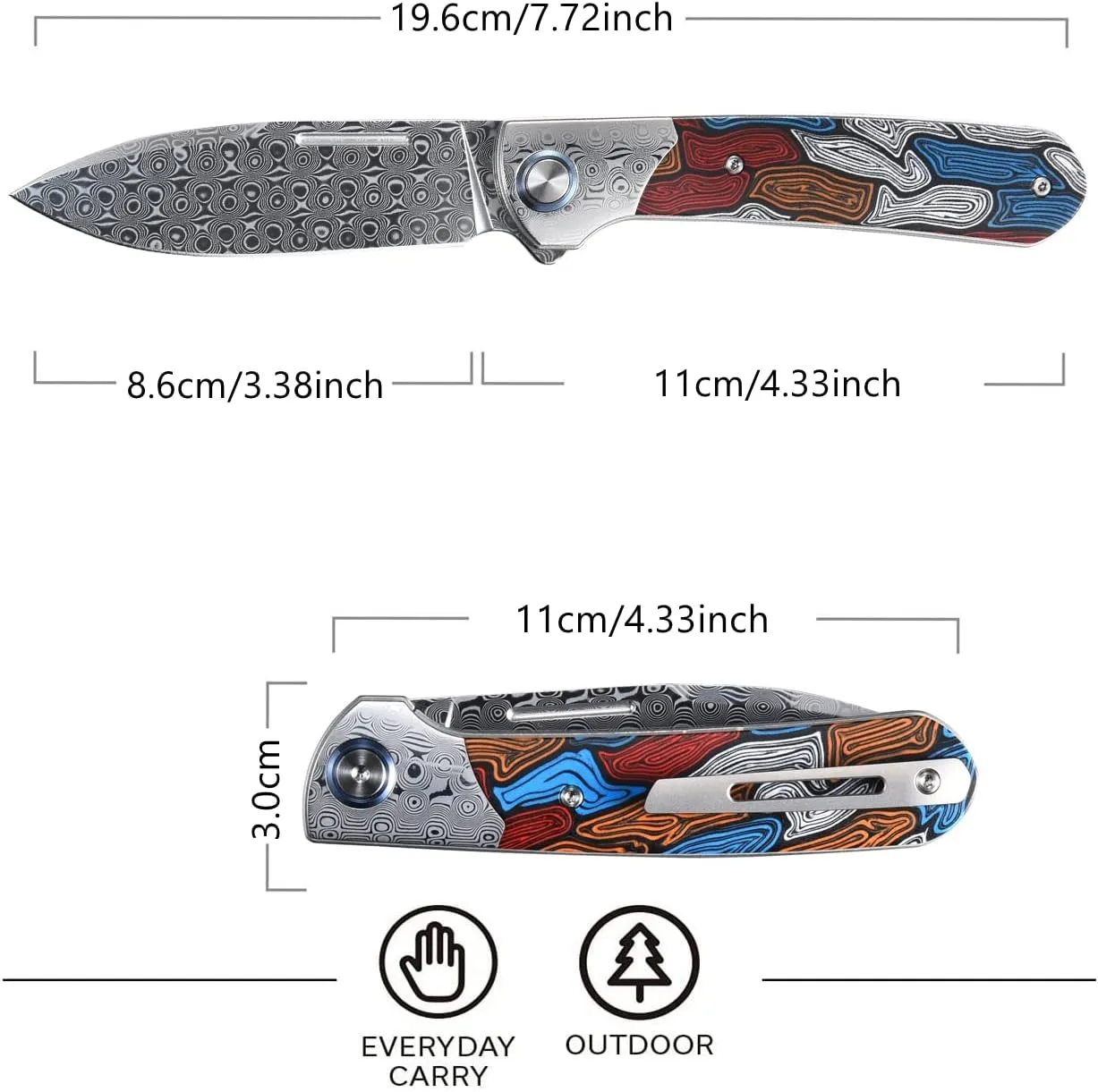 Sitivien ST256 Damascus Steel Folding Knife,Damascus Blade with Colorful G10 Handle EDC Knife for Outdoor Camping,Hiking, Fishing(Color) … …