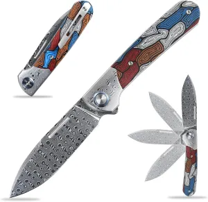 Sitivien ST256 Damascus Steel Folding Knife,Damascus Blade with Colorful G10 Handle EDC Knife for Outdoor Camping,Hiking, Fishing(Color) … …