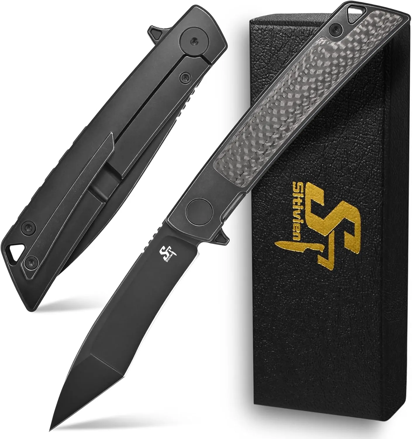 Sitivien ST777 Pocket Folding Knife,Handmade M390 Black Stonewashed Steel Blade,Titanium & Carbon Fiber Handle EDC Tool Knife for Outdoor Camping,Hiking,Hunting,Survival
