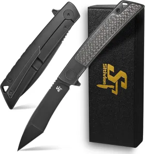 Sitivien ST777 Pocket Folding Knife,Handmade M390 Black Stonewashed Steel Blade,Titanium & Carbon Fiber Handle EDC Tool Knife for Outdoor Camping,Hiking,Hunting,Survival