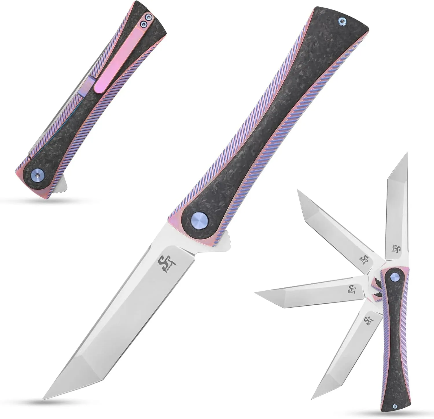 Sitivien ST994 Folding Knife,Handmade M390 Brushed Steel Blade Pocket Knife,Titanium Carbon Fiber Handle EDC Tool Knife for Outdoor Camping Hiking Survival Fishing(Pink) … …