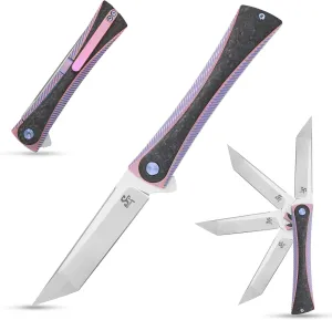 Sitivien ST994 Folding Knife,Handmade M390 Brushed Steel Blade Pocket Knife,Titanium Carbon Fiber Handle EDC Tool Knife for Outdoor Camping Hiking Survival Fishing(Pink) … …