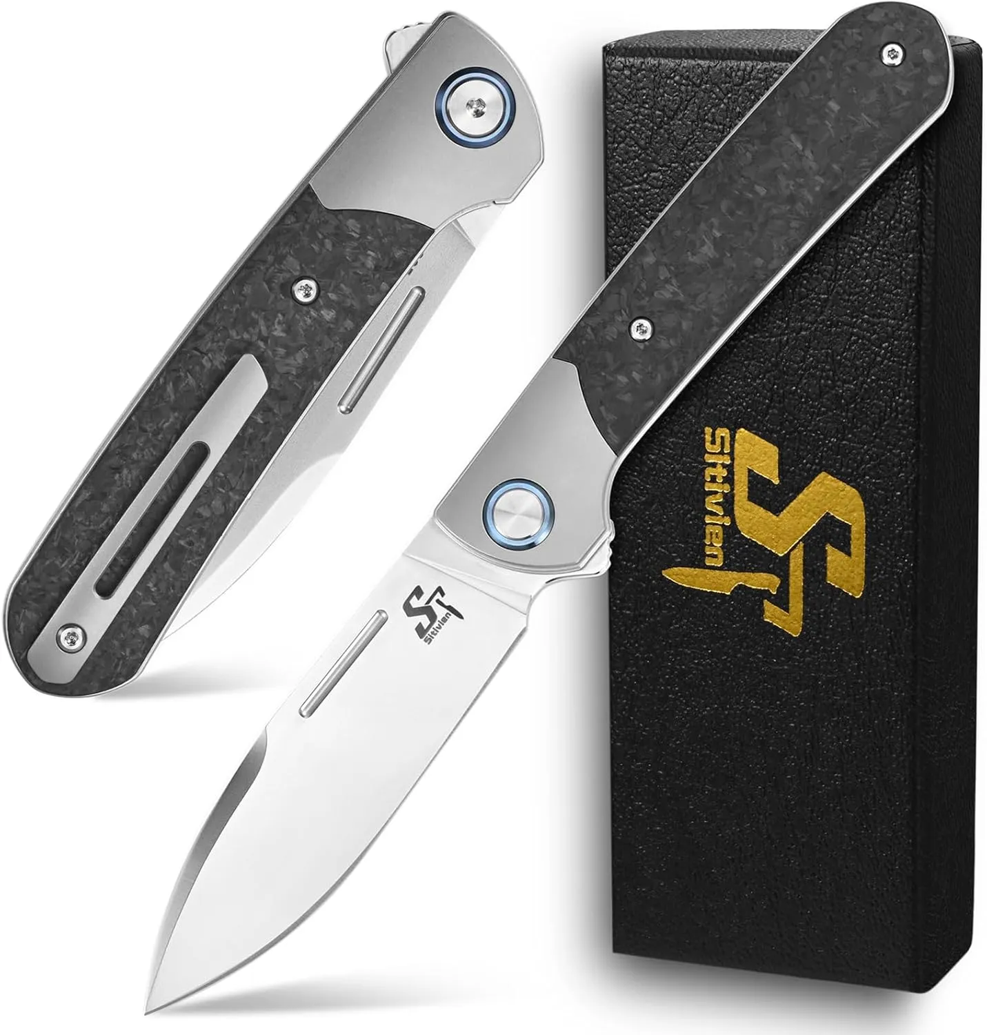 Sitivien ST995 Folding Pocket Knife,Handmade M390 Pearlescent Polishing Blade,Titanium & Carbon Fiber Handle EDC Tool Knife for Outdoor Camping,Hiking,Hunting,Survival(Gray) … …