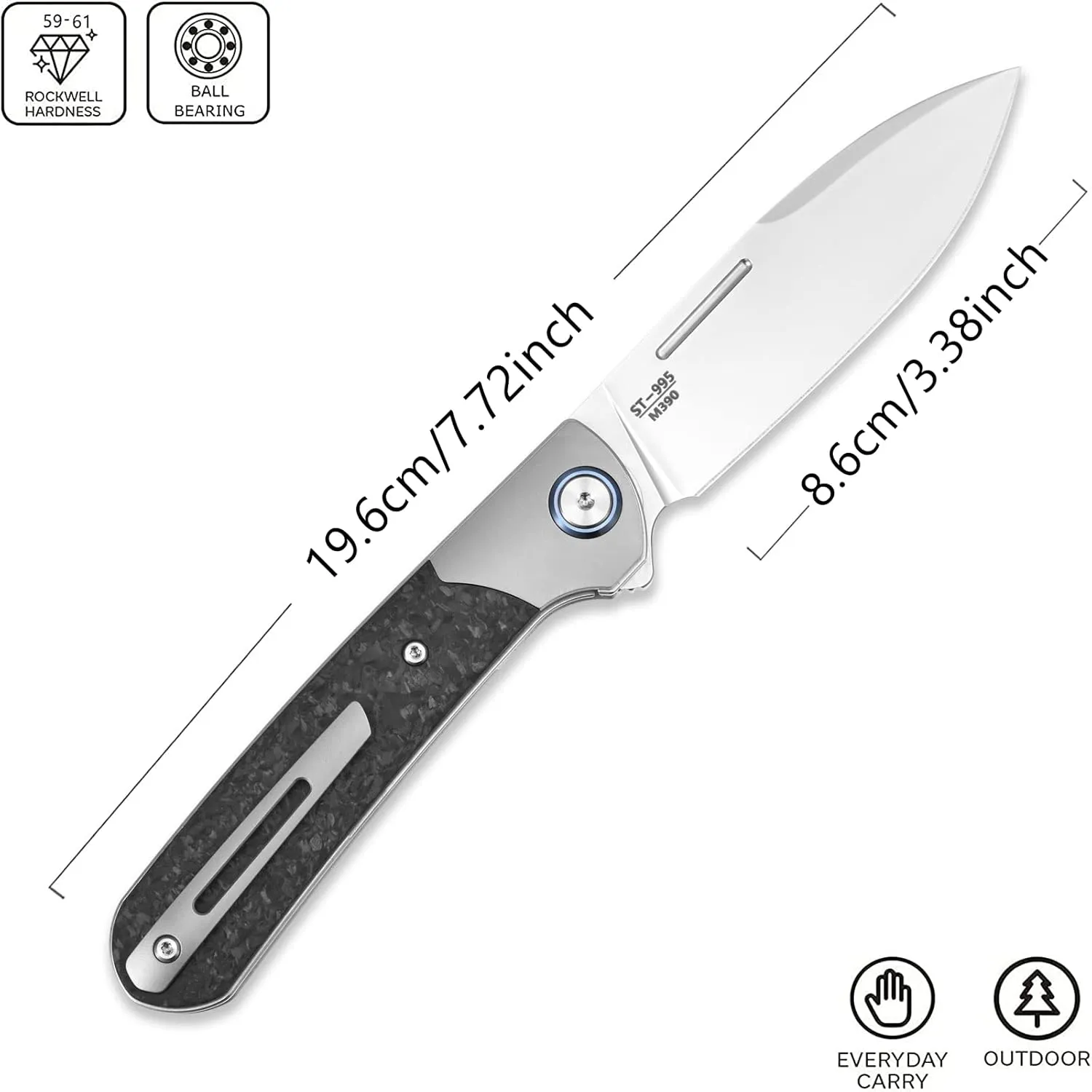 Sitivien ST995 Folding Pocket Knife,Handmade M390 Pearlescent Polishing Blade,Titanium & Carbon Fiber Handle EDC Tool Knife for Outdoor Camping,Hiking,Hunting,Survival(Gray) … …