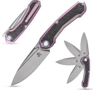 Sitivien ST999 Folding Knife,S35VN Steel Blade with Titanium and Carbon Fiber Handle Liner Lock,EDC Knife with pocket clip for Outdoor Camping Survival Hiking(Pink)