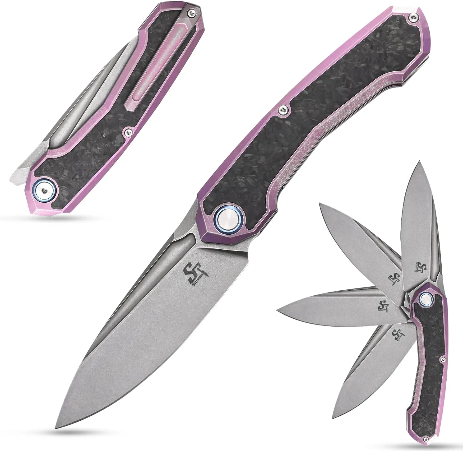 Sitivien ST999 Folding Knife,S35VN Steel Blade with Titanium and Carbon Fiber Handle Liner Lock,EDC Knife with pocket clip for Outdoor Camping Survival Hiking(Pink)