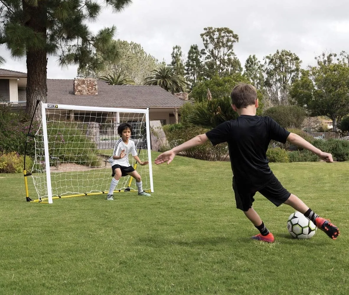 SKLZ Quickster Soccer Goal - Portable Goal for Backyard & Field - Durable Tension-Tite Frame & Heavy Gauge 2-Ply Net - Adjustable Click-Lock Poles, Metal Stakes - Carrying Case with Handle