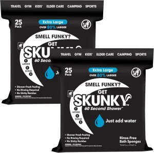 Skunky XL 82% Larger Disposable Rinse-Free Bathing Sponge Wipes, AS-SEEN-ON-TV, Cleans Without a Shower, Just Add Water, Lather, Scrub & Dry with No Sticky Residue, Gym, Elder Care, Kids & More,2 Pack