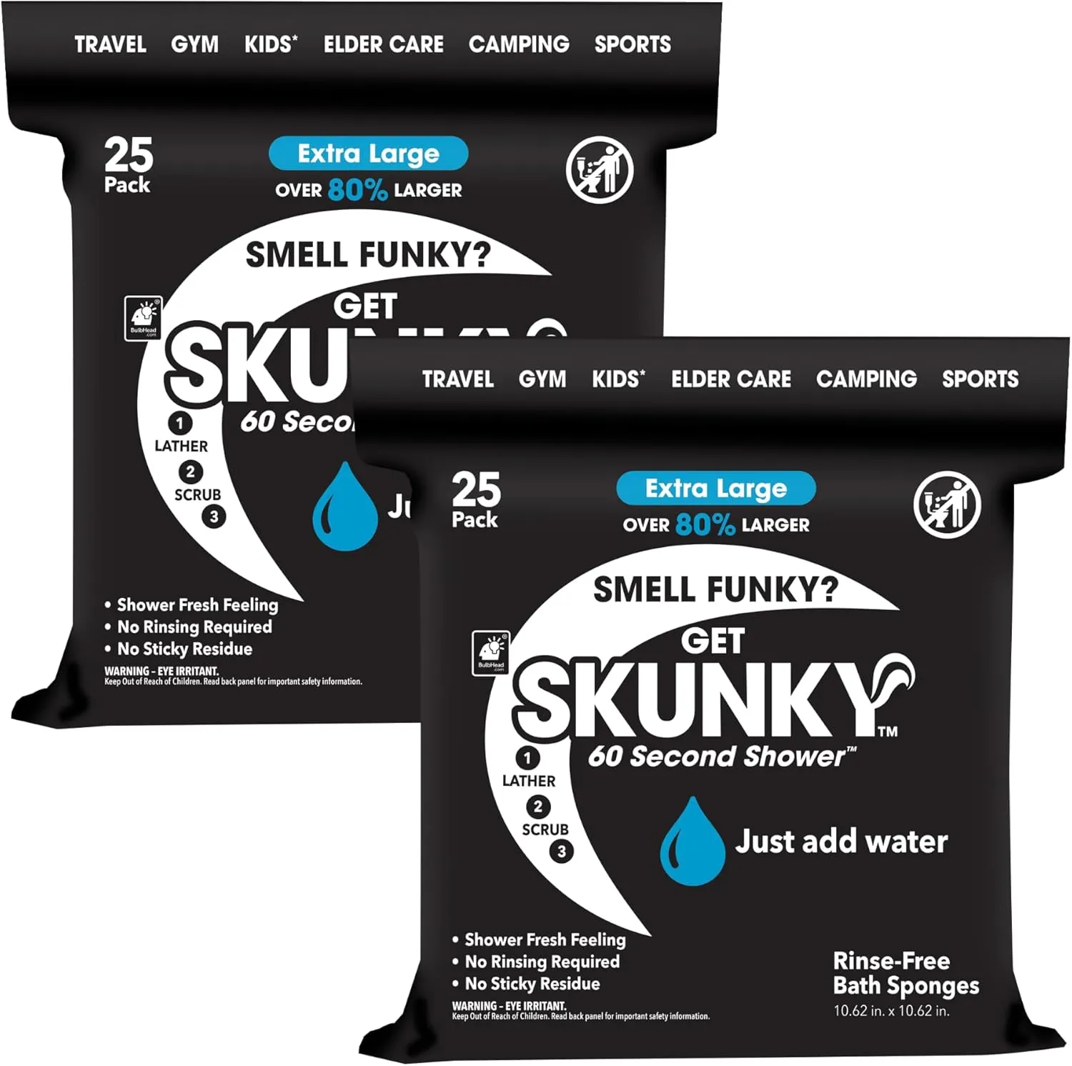 Skunky XL 82% Larger Disposable Rinse-Free Bathing Sponge Wipes, AS-SEEN-ON-TV, Cleans Without a Shower, Just Add Water, Lather, Scrub & Dry with No Sticky Residue, Gym, Elder Care, Kids & More,2 Pack