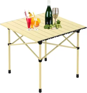 Small Camping Table, Foldable Beach Table with Aluminum Top, Portable Design for Outdoor Picnic, BBQ, Cooking, and Festivals with Carrying Bag Light Yellow 50×53×50cm/19.7×20.9×19.7in