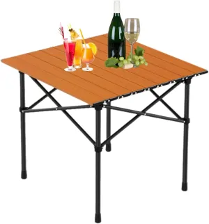 Small Camping Table, Foldable Beach Table with Aluminum Top, Portable Design for Outdoor Picnic, BBQ, Cooking, and Festivals with Carrying Bag Wood Color 50×53×50cm/19.7×20.9×19.7in