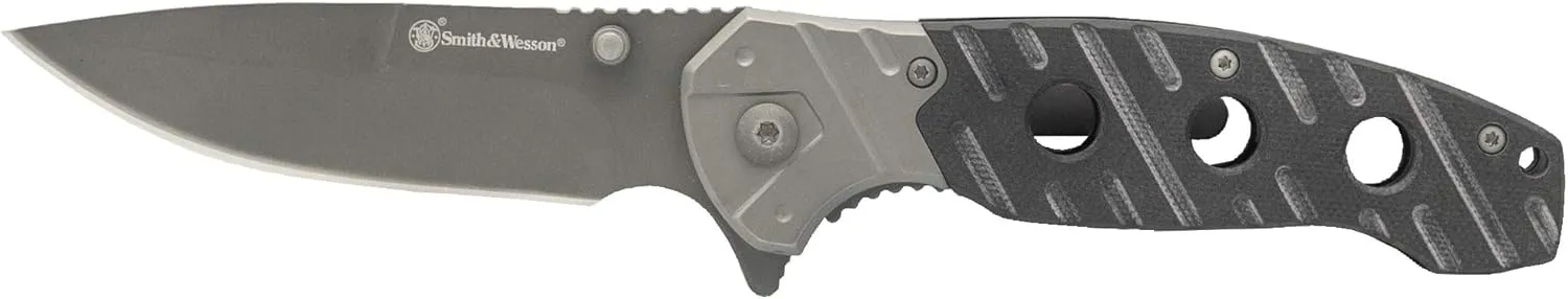 Smith & Wesson 7.75in Ti-Nitride, High Carbon S.S. Folding Knife with 3.25in Drop Point Blade and G10 Aluminum Handle for Outdoor Survival, Camping and EDC,Grey