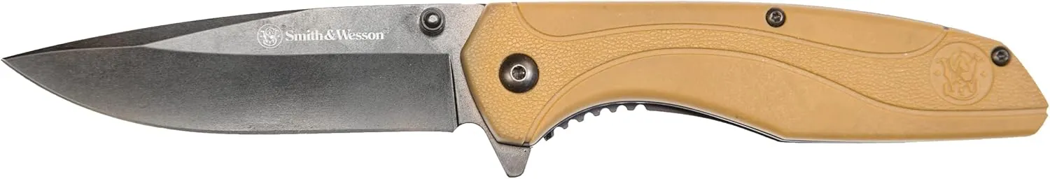 Smith & Wesson SW1103 8.07in Stainless Steel Folding Knife with 3.5in Drop Point Blade and FDE Nylon Handle for Outdoor, Tactical, Survival and EDC