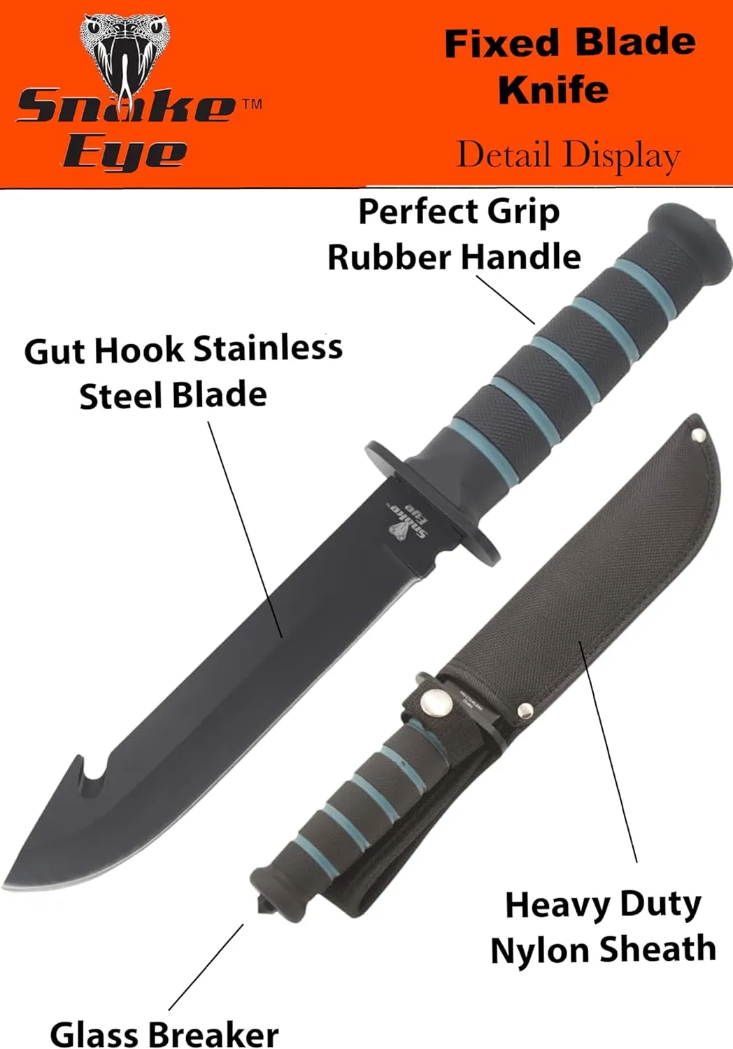 Snake Eye Tactical 12-Inches Heavy-Duty Fixed Blade-Hunting-Outdoor Survival-Knife (Black-Gut Hook)