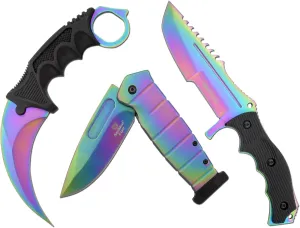 Snake Eye Tactical Triple Set Fixed Blade Mini Huntsman Folding Knife Outdoors Hunting Camping Fishing Self Defense (Rainbow)
