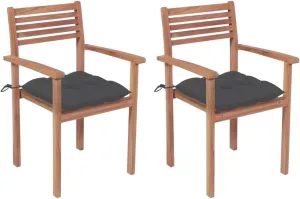 Solid Teak Wood Patio Chairs Set of 2 with Anthracite Cushions - Durable Outdoor Furniture Stackable Lounge Chairs for Backyard Poolside Dining and Camping