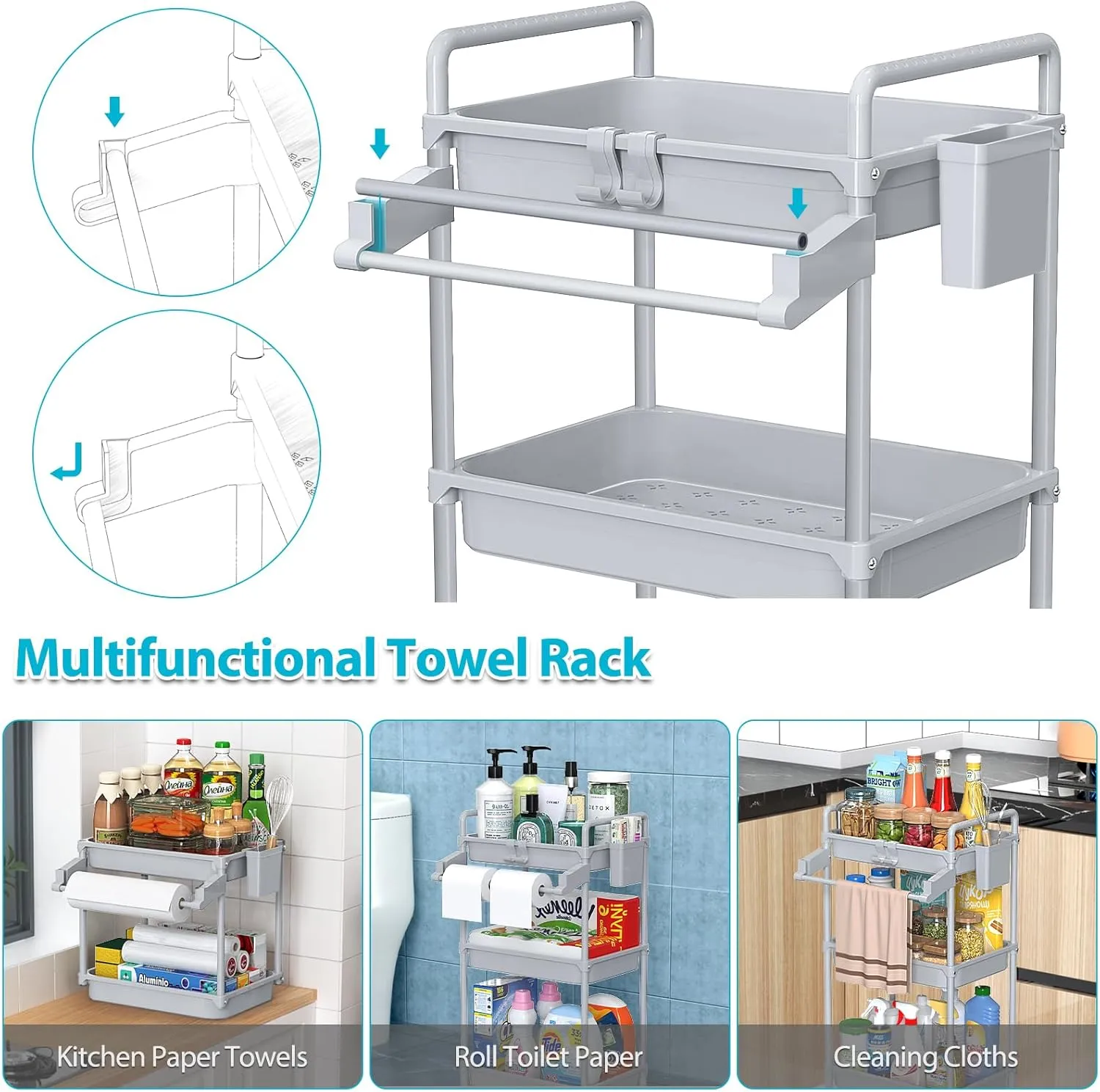 SPACEKEEPER Rolling Storage Cart, 3 Tier Utility Cart Laundry Room Organization Mobile Shelving Unit Bathroom Organizer with Towel Rack, Lockable Wheel, Hooks & Cup for Kitchen Office, Grey