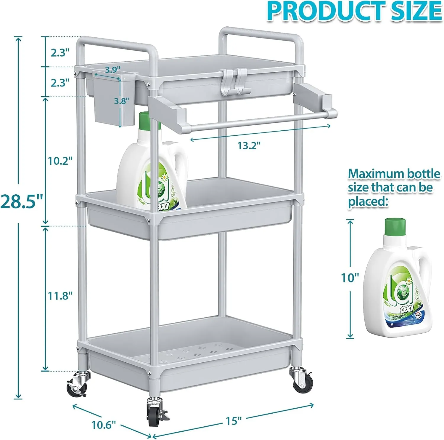 SPACEKEEPER Rolling Storage Cart, 3 Tier Utility Cart Laundry Room Organization Mobile Shelving Unit Bathroom Organizer with Towel Rack, Lockable Wheel, Hooks & Cup for Kitchen Office, Grey