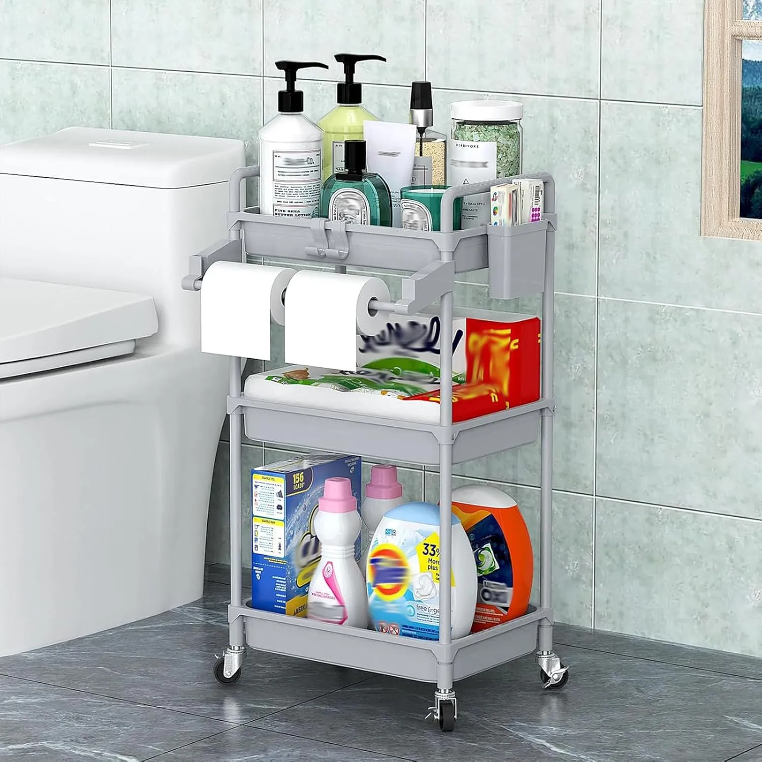 SPACEKEEPER Rolling Storage Cart, 3 Tier Utility Cart Laundry Room Organization Mobile Shelving Unit Bathroom Organizer with Towel Rack, Lockable Wheel, Hooks & Cup for Kitchen Office, Grey
