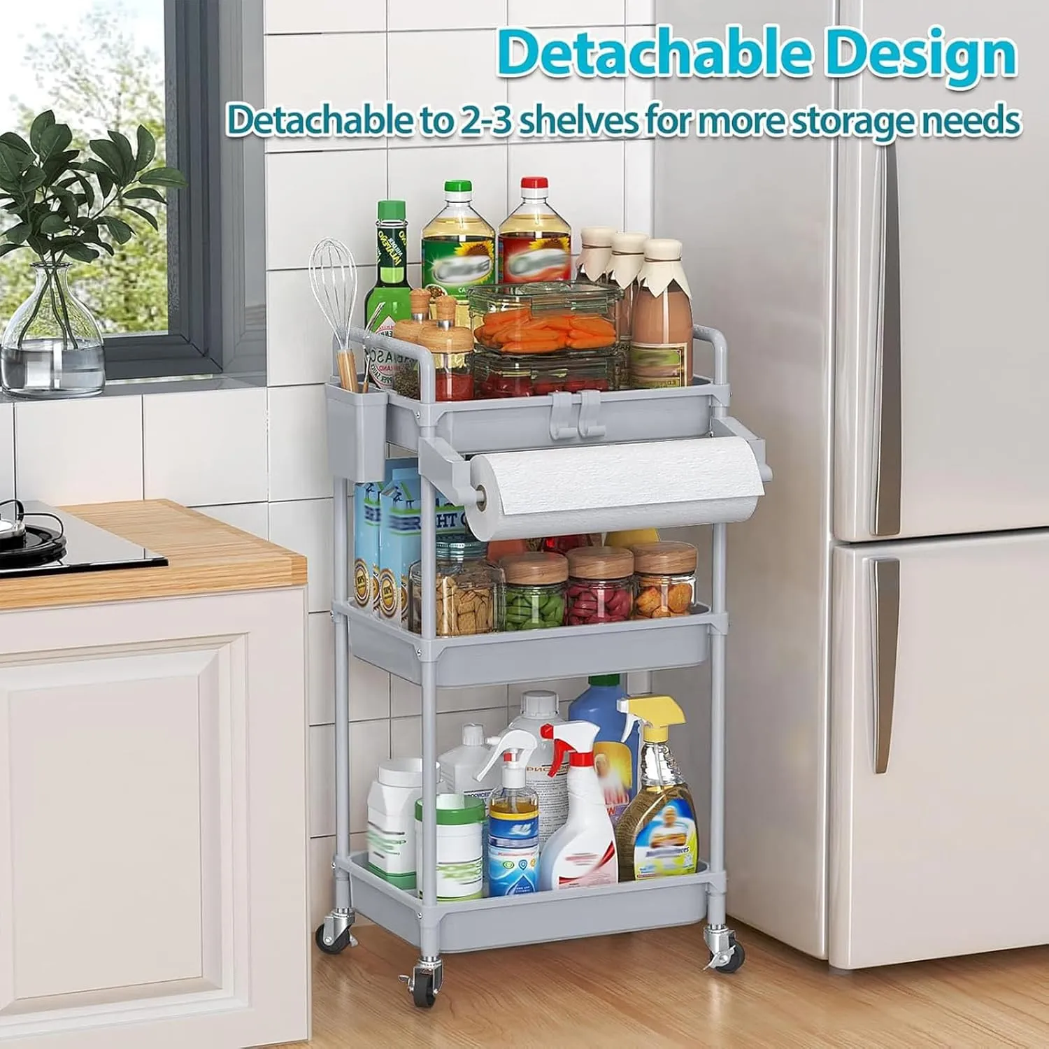SPACEKEEPER Rolling Storage Cart, 3 Tier Utility Cart Laundry Room Organization Mobile Shelving Unit Bathroom Organizer with Towel Rack, Lockable Wheel, Hooks & Cup for Kitchen Office, Grey