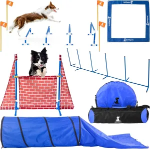 SparklyPets Premium 5 pcs Agility Training Equipment for Indoor & Outdoor – Fun Dog Obstacle Agility Course Backyard Set with Castle Jump, Long Jump, Weave Poles, Pause Box & Closed Tunnel
